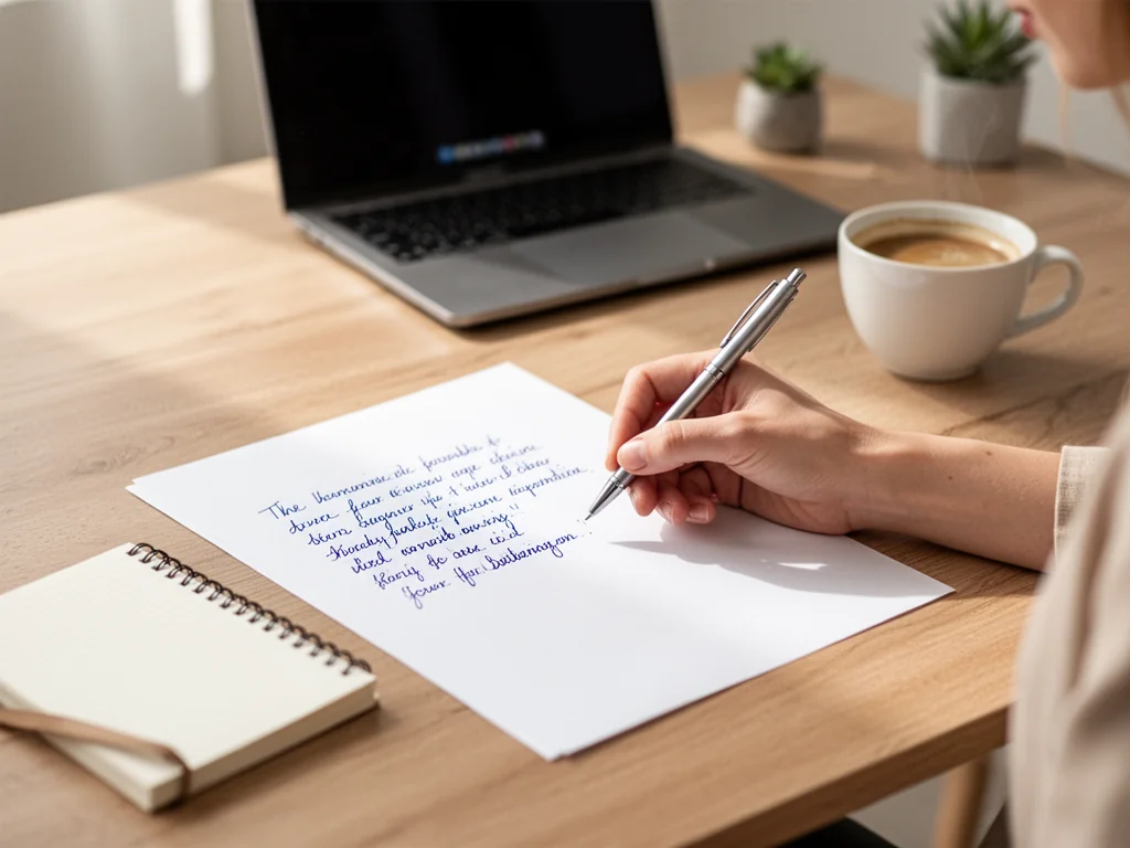 Kobieta starannie odręcznie zapisuje kartkę z CV na schludnym biurku, obok notes, kawa i zamknięty laptop.