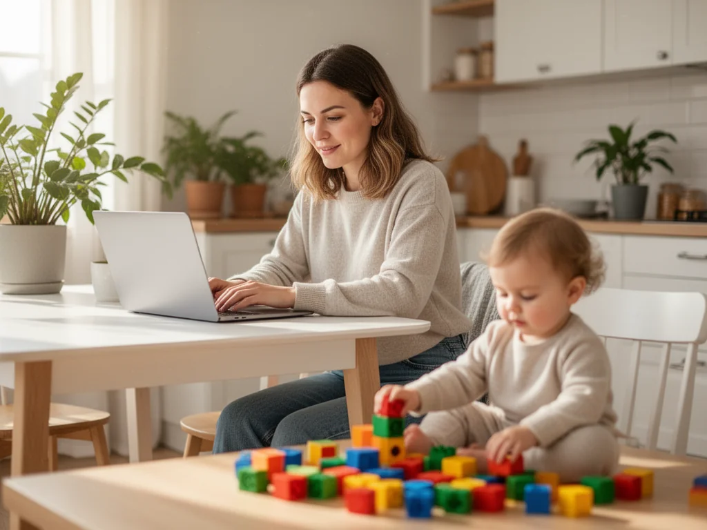 Mama pracująca zdalnie przy stole, obok bawi się jej małe dziecko – przykład łączenia pracy z opieką nad maluchem.
