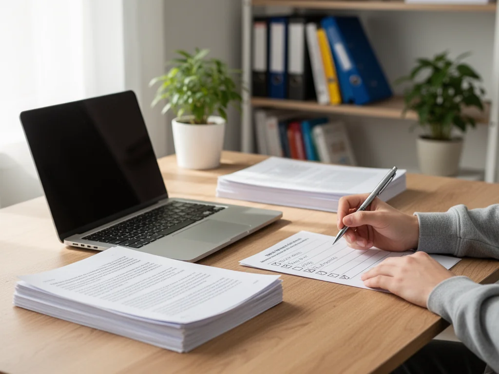 Student odhacza punkty na liście obok wydrukowanej pracy przy laptopie, ilustrując etapy pisania pracy zaliczeniowej.