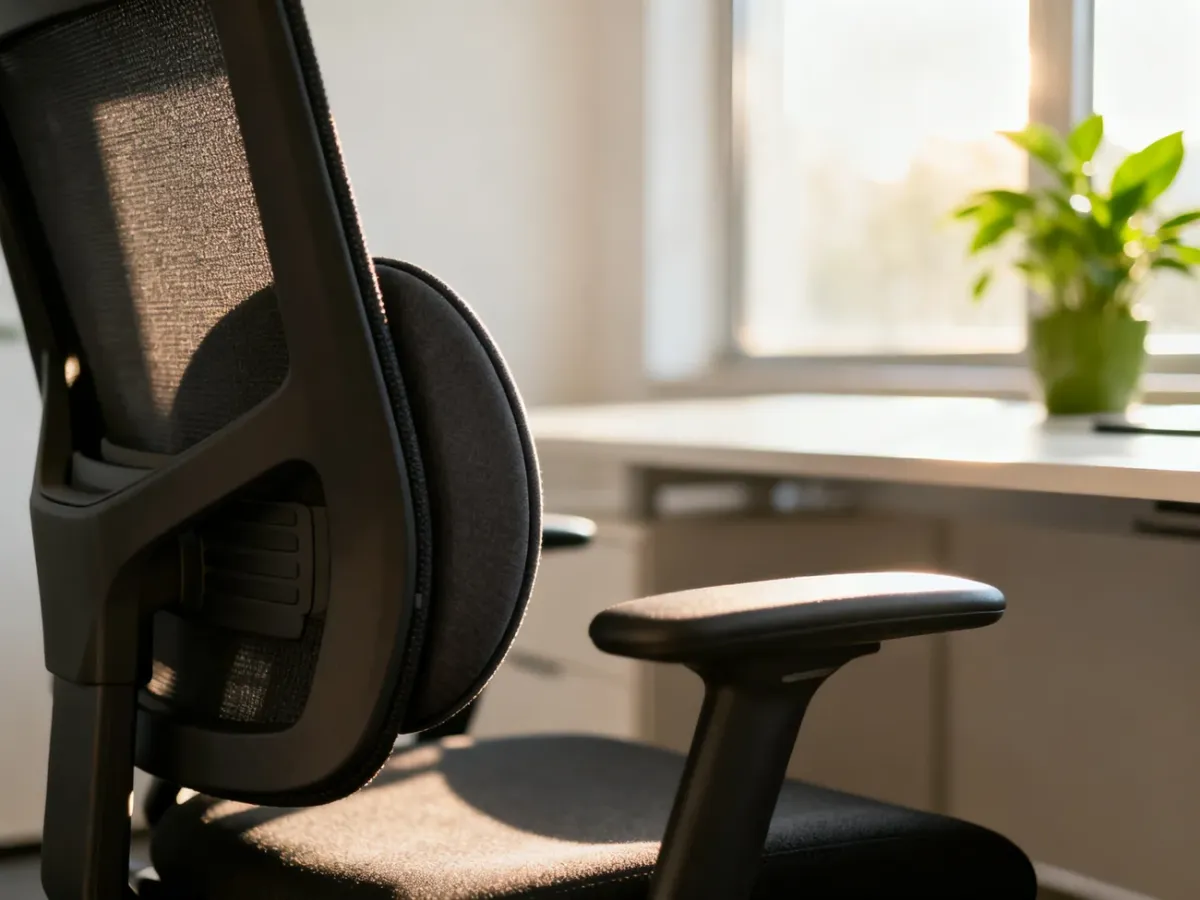 Ergonomiczny fotel biurowy z wyraźnym wsparciem odcinka lędźwiowego w jasnym, profesjonalnym miejscu pracy.