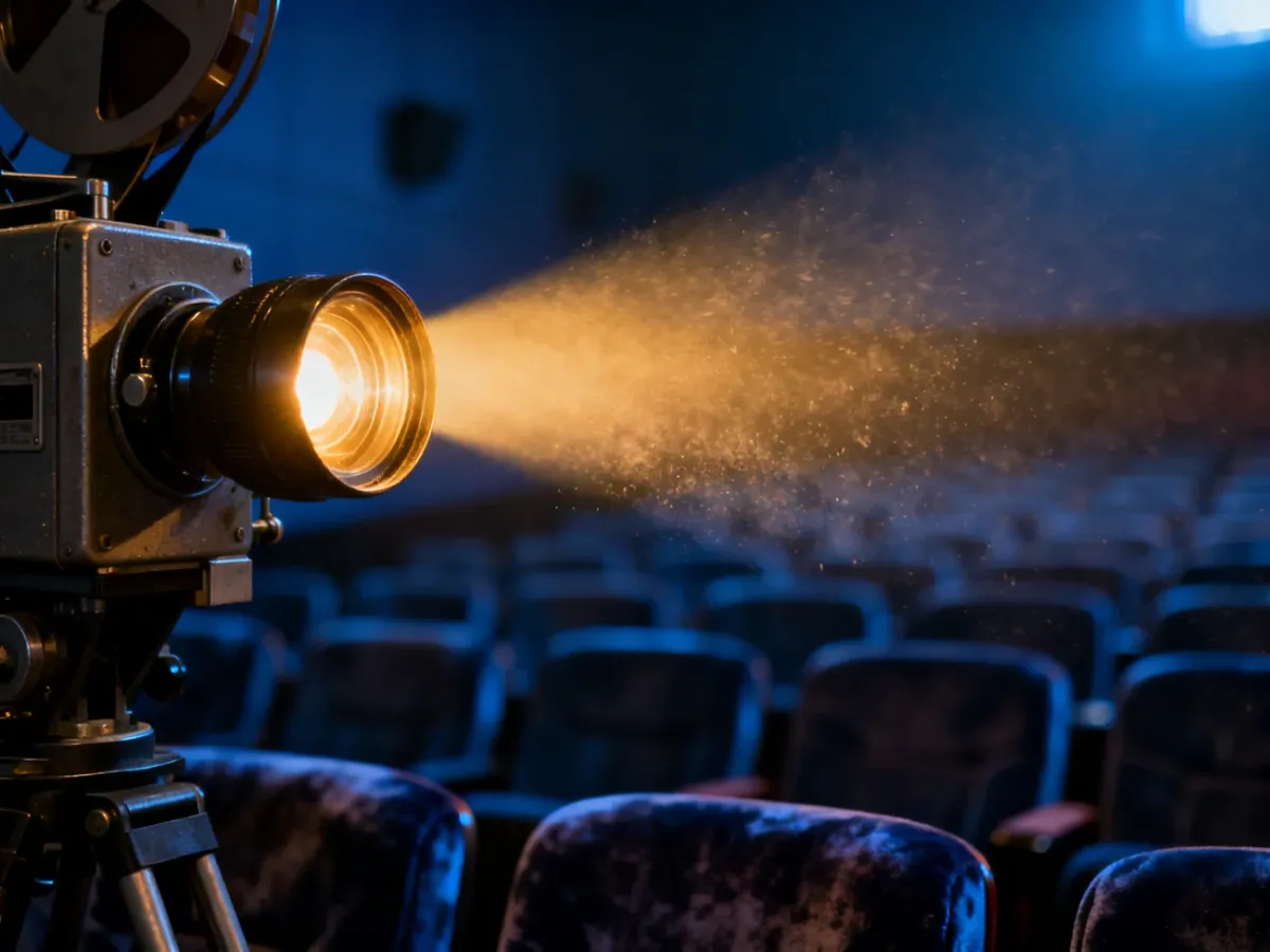 Snop światła z projektora filmowego oświetlający wnętrze pustej sali kinowej z rzędami foteli.