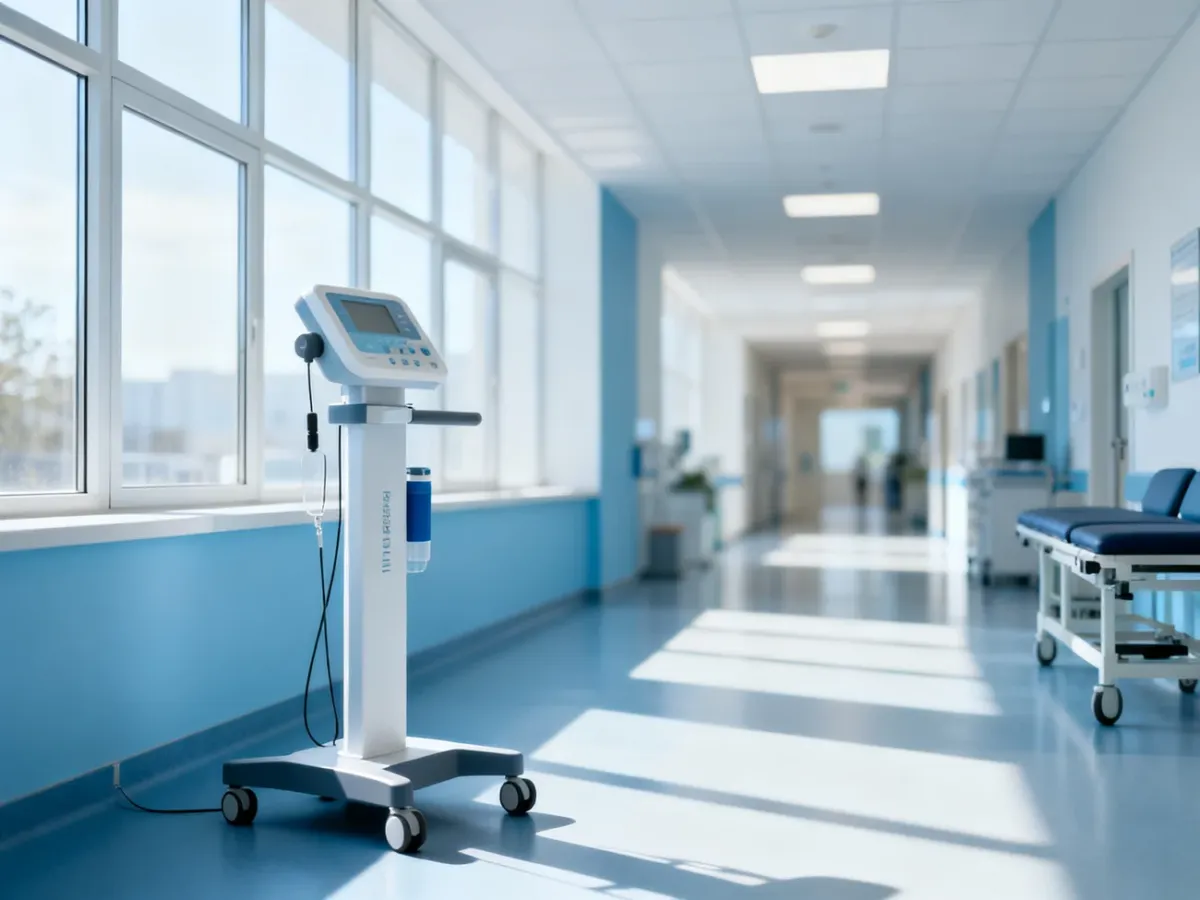 Nowoczesne centrum rehabilitacji z profesjonalnym sprzętem do fizjoterapii w jasnym, sterylnym wnętrzu.