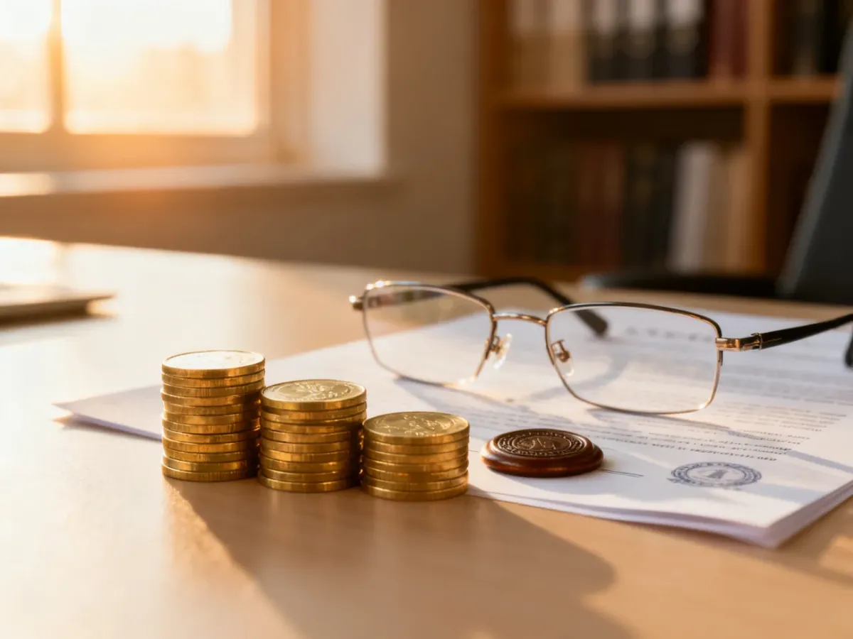 Stos dokumentów prawnych, okulary i monety symbolizujące planowanie finansowe oraz zabezpieczenie przyszłości.