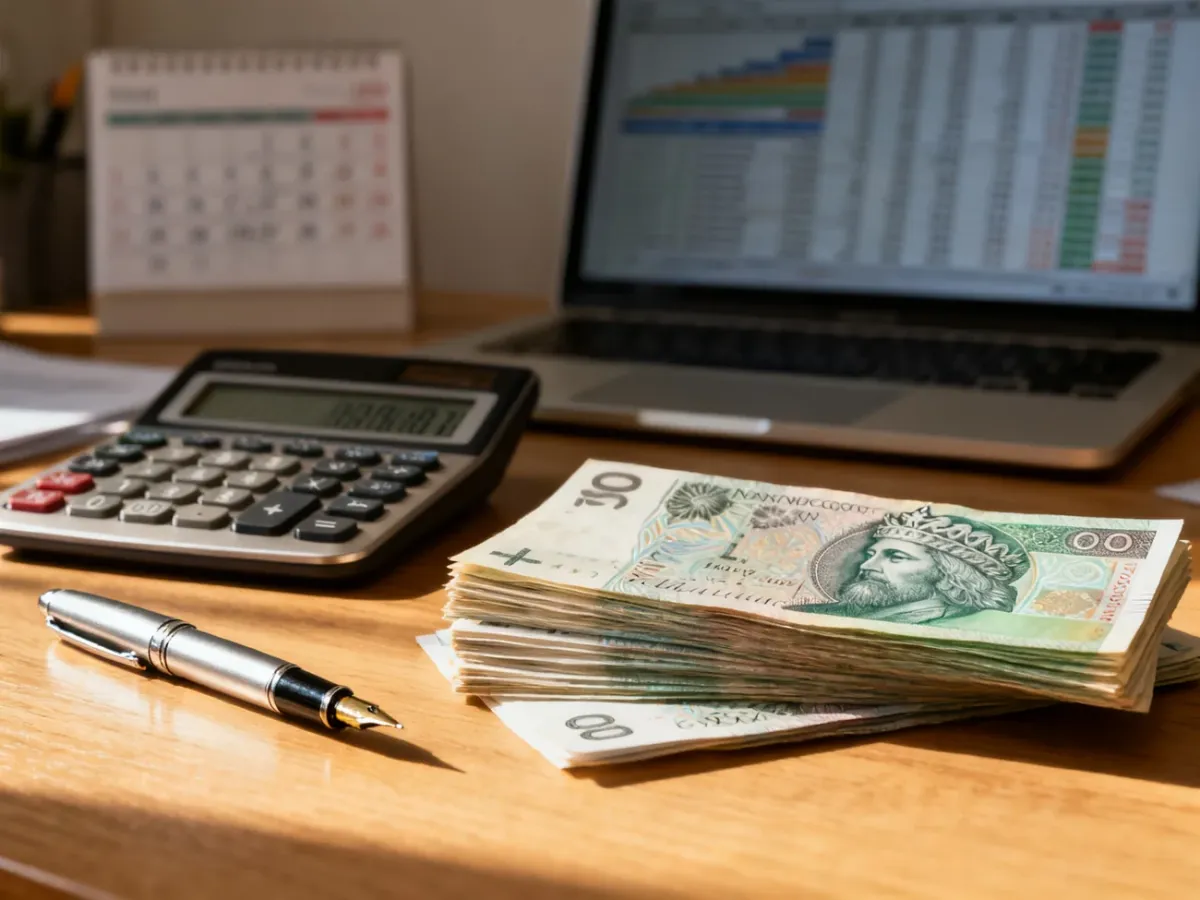 Stos pieniędzy, kalkulator i pióro na biurku, symbolizujące rozliczenia finansowe i wyliczanie ekwiwalentu za urlop.