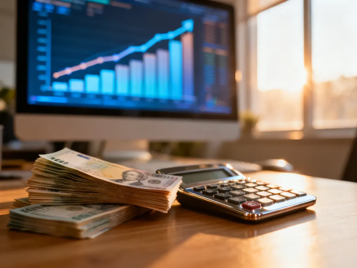 Stos pieniędzy i kalkulator na biurku w tle z wykresem finansowym, symbolizujące kwestie wynagrodzeń.