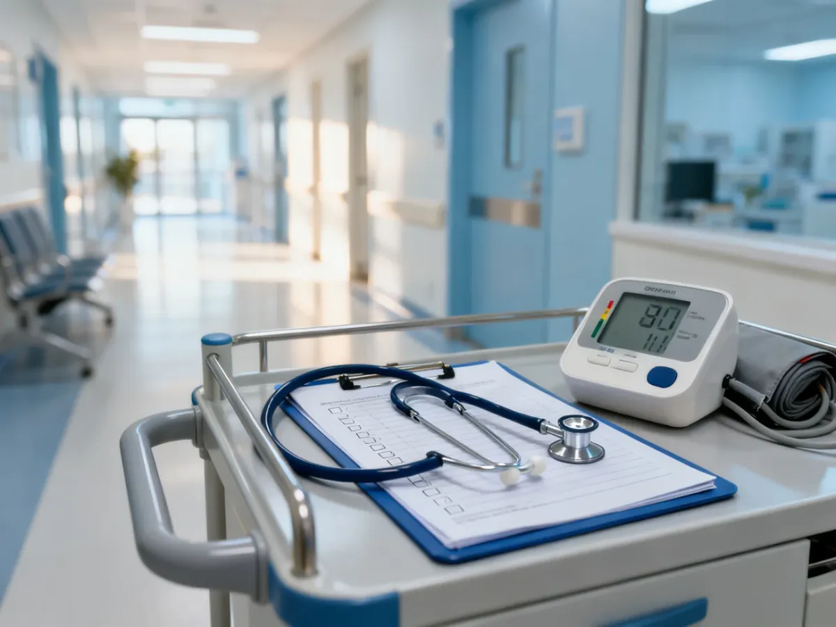 Profesjonalny sprzęt medyczny, w tym stetoskop i ciśnieniomierz, przygotowany do codziennej pracy opiekunki medycznej.