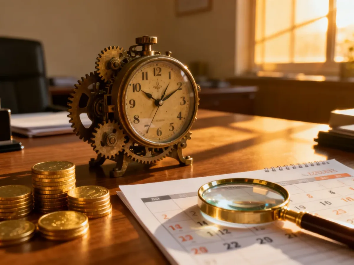 Mechanizm zegarowy, monety i lupa na biurku, symbolizujące planowanie finansowe i czas przejścia na emeryturę.